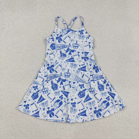 RTS NO MOQ （In stock）GSD2778 Baby Girls Summer Yoga Dress Blue Bow Straps Athletic Football Girls Dress Girls' Straps Blue Bow Football Dress