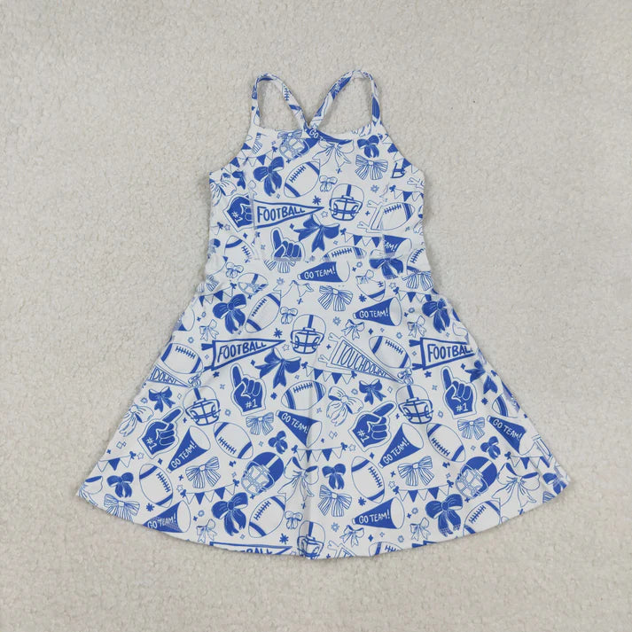 9.22 RTS Sibling Baby Girls Blue Bows Footballs Team Shorts Yoga Clothes Set Knee Length Dresses