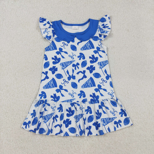 RTS NO MOQ （In stock）GSD2782 Baby Girls Summer Dress Knee-Length Dress with Blue Cheer Bows And Flutter Sleeves Team Color Options