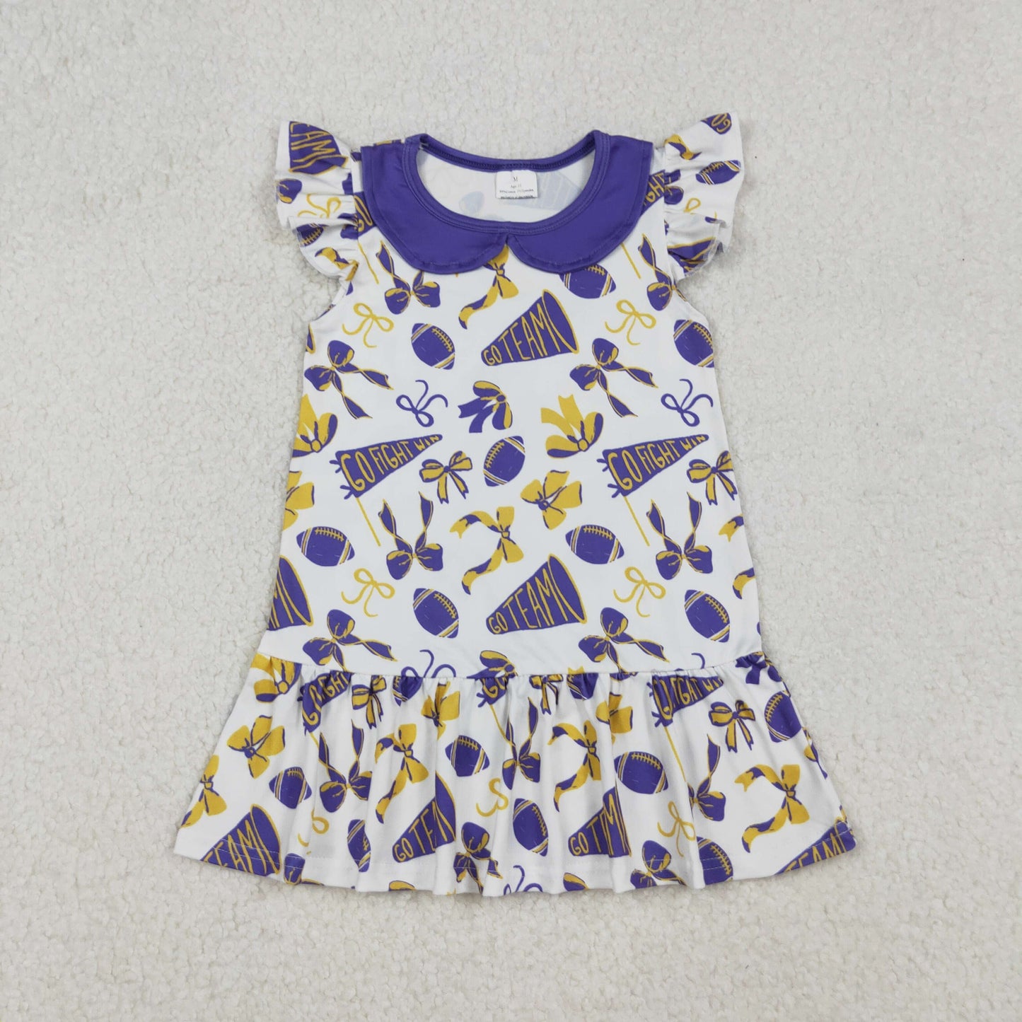 RTS NO MOQ （In stock）GSD2784 Baby Girls Summer Dress Flutter Sleeves Purple Cheer Bows Team Knee Length Dresses