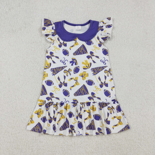 RTS NO MOQ （In stock）GSD2784 Baby Girls Summer Dress Flutter Sleeves Purple Cheer Bows Team Knee Length Dresses