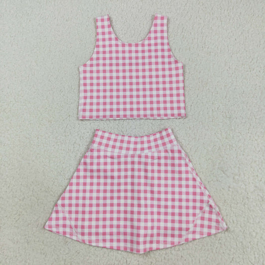RTS NO MOQ （In stock）GSD2786 Baby Girls Yoga Outfits Baby Girls Sleeveless Pink Checked Vest Top Skorts Yoga Activity Set