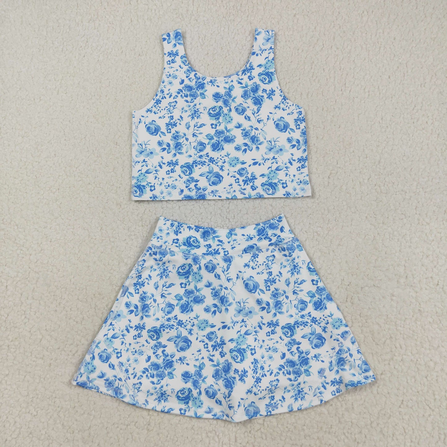 8.23 RTS NO MOQ （In stock）GSD2787 Baby Girls Yoga Outfits Baby Girls Blue Flowers Print Vest Top Shorts Skirts Yoga Activity Set