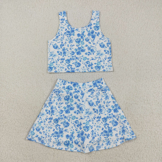 8.23 RTS NO MOQ （In stock）GSD2787 Baby Girls Yoga Outfits Baby Girls Blue Flowers Print Vest Top Shorts Skirts Yoga Activity Set