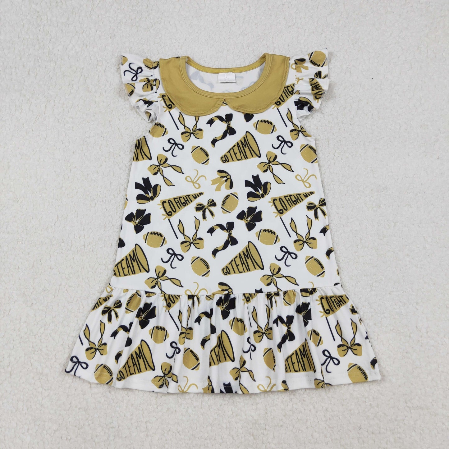 RTS NO MOQ （In stock）GSD2788  Baby Girls Summer Dress Flutter Sleeves Yellow Cheer Bows Team Knee Length Dresses