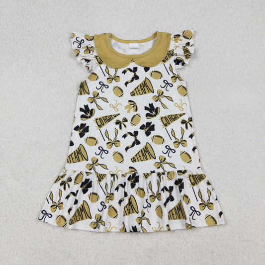 RTS NO MOQ （In stock）GSD2788  Baby Girls Summer Dress Flutter Sleeves Yellow Cheer Bows Team Knee Length Dresses
