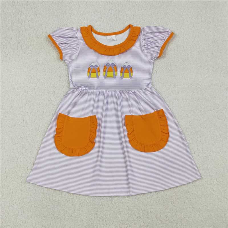 RTS Sibling Baby Girls Autumn Outfits Girls Stripe Candy Corn Bow Pockets Halloween Romper Dress Cute Autumn Outfit for Kids