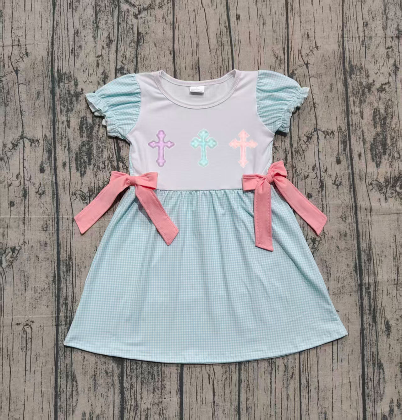 10.11 GSD2807 Sample No Moq Embroidery Crosses Baby Girls Bows Easter Knee Length Dresses