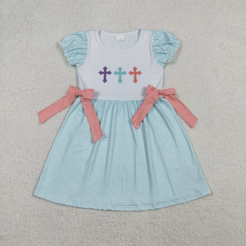 11.4 RTS Embroidery Crosses Baby Girls Bows Easter Knee Length Dresses Bummies Clothes Sets