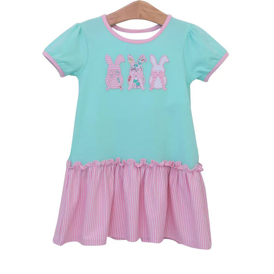 9.22 GSD2827 Baby Girls Aqua Easter Rabbits Knee Length Dresses Preorder