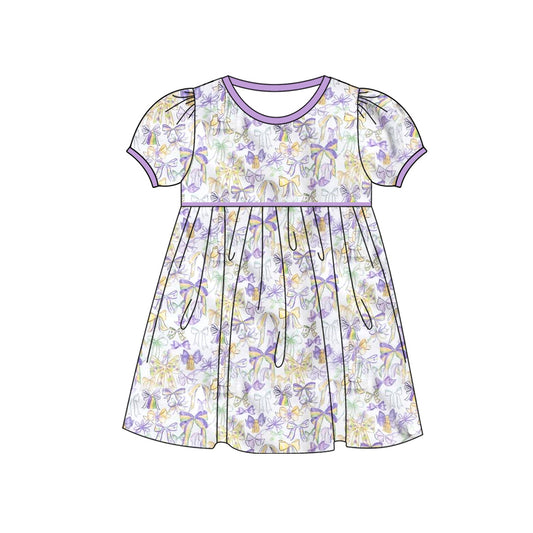 9.23 GSD2828 Pre order No Moq Baby Girls Short Ruffle Sleeve Mardigras Bows Knee Length Dresses Preorder