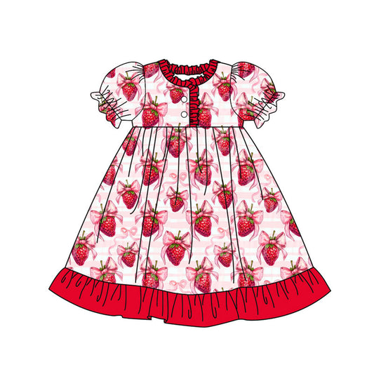 9.24 GSD2830 Pre order No Moq Baby Girls Bows Strawberry Stripe Button Ruffle Valentine Knee Length Dresses