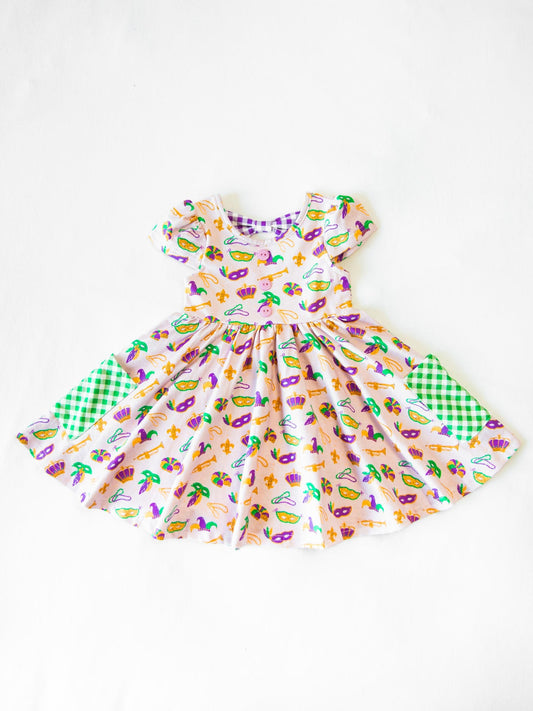 9.24 GSD2831 Pre order No Moq Baby Girls Masks Anchors Pockets Mardigras Knee Length Dresses