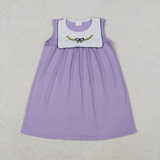11.3 RTS NO MOQ （In stock）GSD2832 Embroidery Bows Baby Girls Sleeveless Mardigras Knee Length Dresses