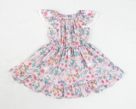 9.24 GSD2833 Pre order No Moq Baby Girls Pink Flowers Rabbits Easter Ruffle Knee Length Dresses