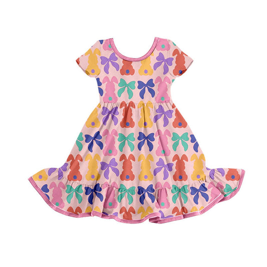 9.24 GSD2834 Pre order No Moq Baby Girls Colorful Bows Rabbits Easter Ruffle Knee Length Dresses