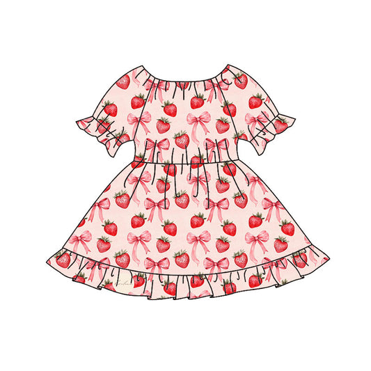 9.25 GSD2837 Pre order No Moq Baby Girls Bows Strawberry Plaid Ruffle Knee Length Dresses