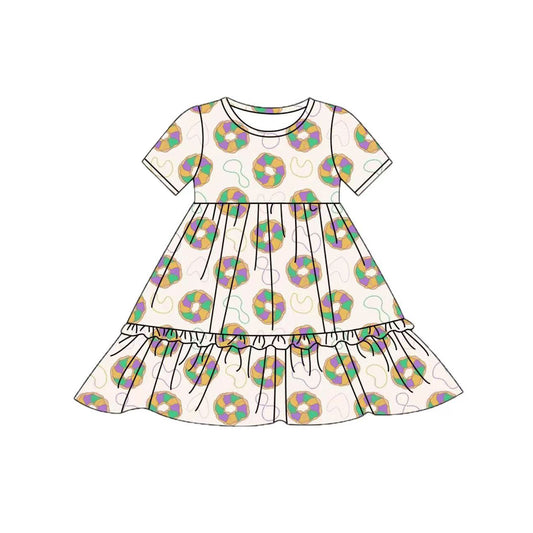 9.26 GSD2838 Pre order No Moq Baby Girls Mardigras Donuts Plaid Ruffle Knee Length Dresses