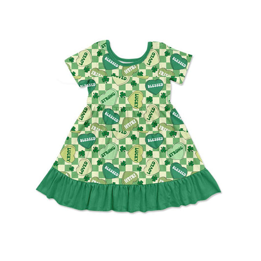 9.26 GSD2839 Pre order No Moq Baby Girls Green Checked Clovers Hearts St Patrick Ruffle Knee Length Dresses