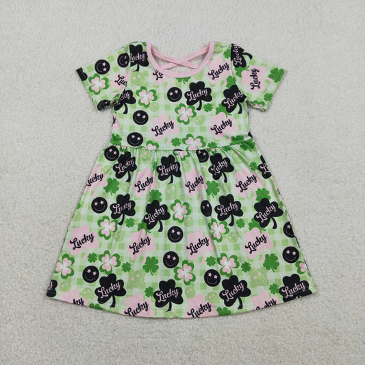 1.31 RTS NO MOQ （In stock）GSD2840 Baby Girls Green Checked Clovers Lucky St Patrick Knee Length Dresses