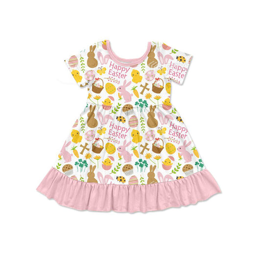 9.26 GSD2841 Pre order No Moq Baby Girls Flowers Rabbits Eggs Happy Easter Ruffle Knee Len