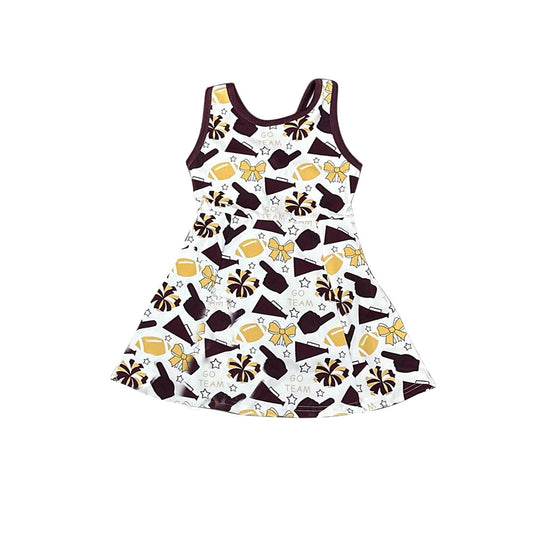 9.26 GSD2842 Yoga Fabric Pre order No Moq Baby Girls Dark Red Yellow Bows Footballs Go Team Shorts Yoga Knee Length Dresses