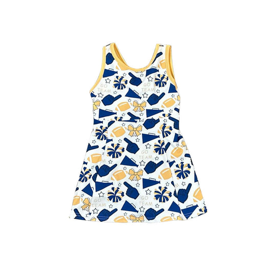 9.26 GSD2843 Yoga Fabric Pre order No Moq Baby Girls Blue Yellow Bows Footballs Go Team Shorts Yoga Knee Length Dresses