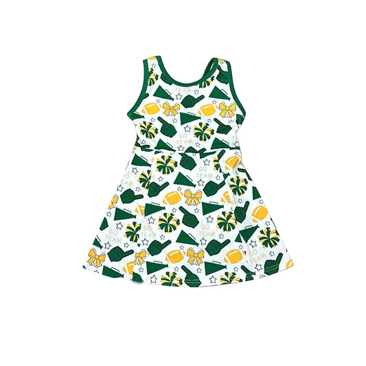 9.26 GSD2844 Yoga Fabric Pre order No Moq Baby Girls Green Yellow Bows Footballs Go Team Shorts Yoga Knee Length Dresses