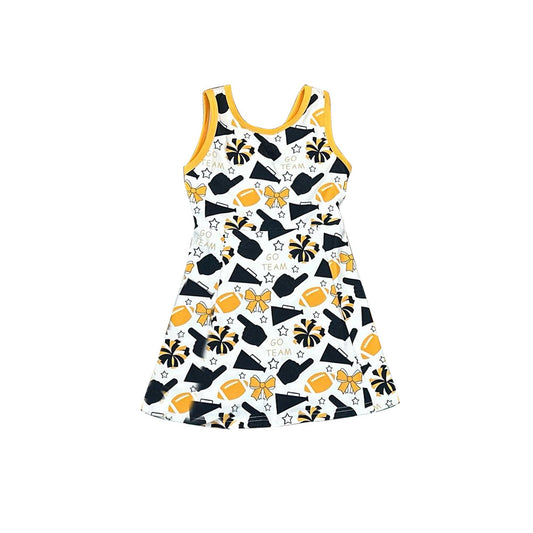 9.26 GSD2845 Yoga Fabric Pre order No Moq Baby Girls Black Yellow Bows Footballs Go Team Shorts Yoga Knee Length Dresses
