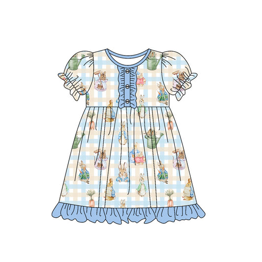 9.27 GSD2847 Pre order No Moq Baby Girls Blue Checked Rabbits Easter Button Ruffle Knee Length Dresses