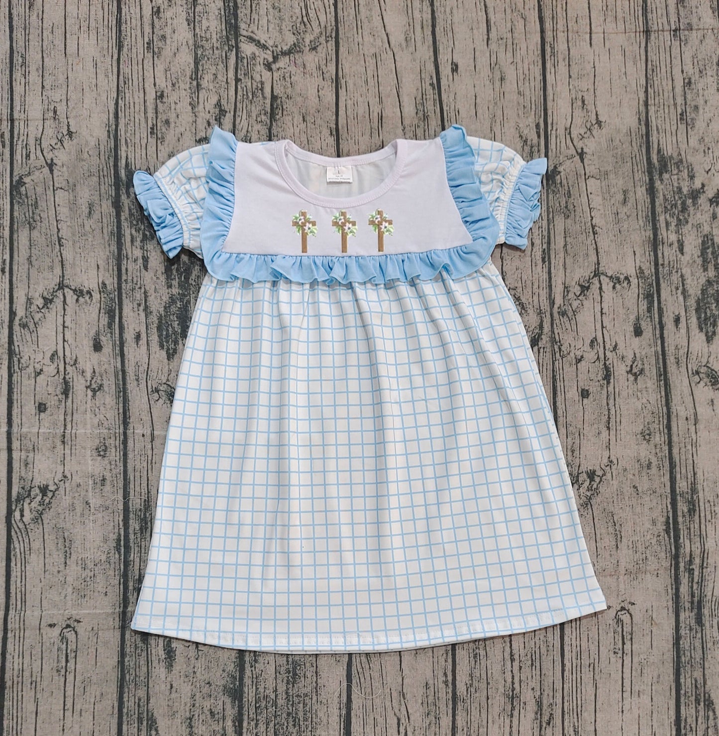 10.13 GSD2851 Sample No Moq Embroidery Crosses Baby Girls Blue Checked Easter Knee Length Dresses