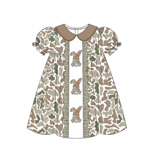 9.30 GSD2852 Pre order No Moq Baby Girls Olive Camo Rabbits Bows Easter Ruffle Knee Length Dresses