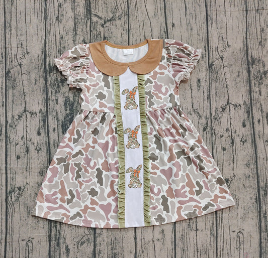 10.13 GSD2852 Sample No Moq Embroidery Camo Rabbits Baby Girls Bows Easter Ruffle Knee Length Dresses