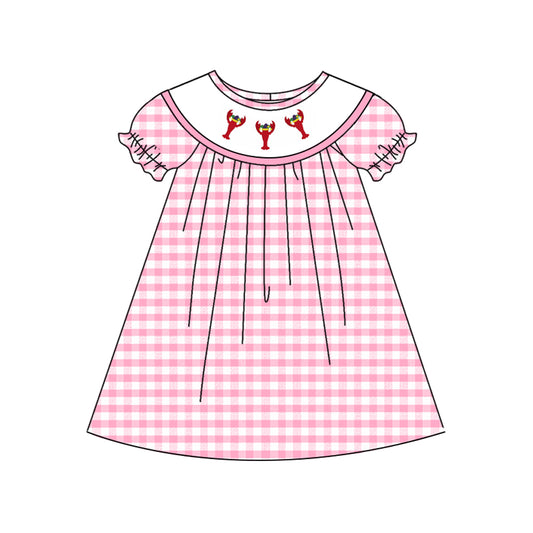 9.30 GSD2853 Pre order No Moq Baby Girls Pink Checked Mardigras Crayfishes Knee Length Dresses