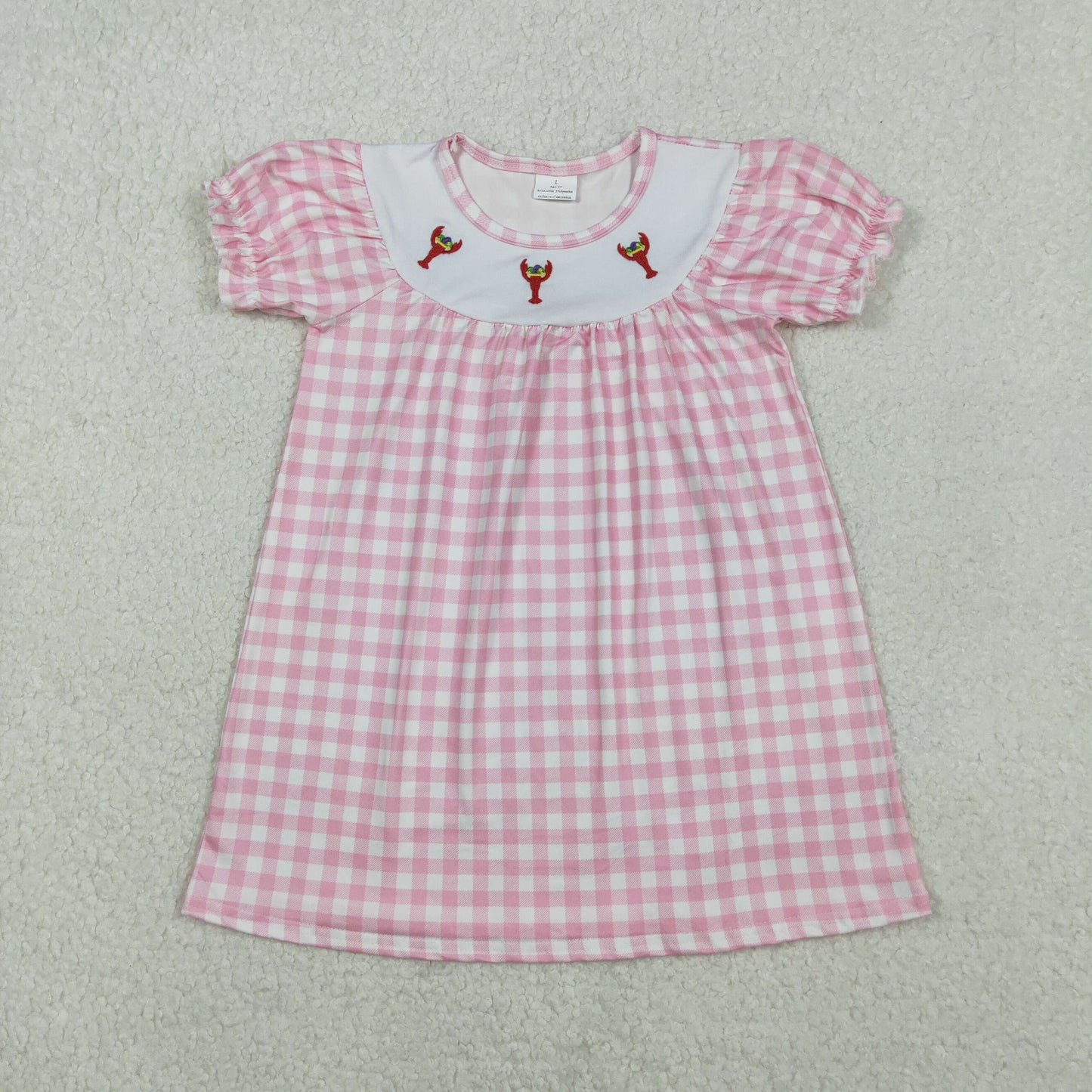 11.5 RTS NO MOQ （In stock）GSD2853 Embroidery Crayfishes Baby Girls Pink Checked Knee Length Dresses