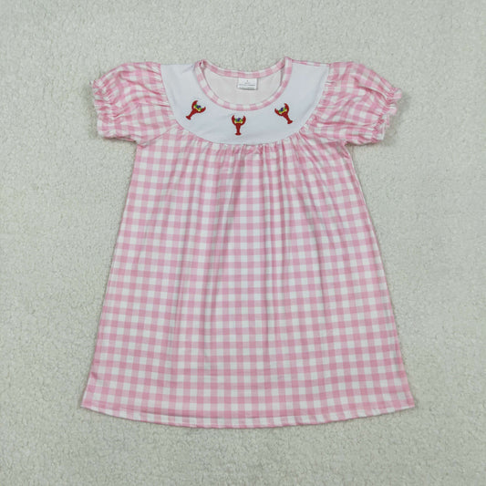 11.5 RTS NO MOQ （In stock）GSD2853 Embroidery Crayfishes Baby Girls Pink Checked Knee Length Dresses