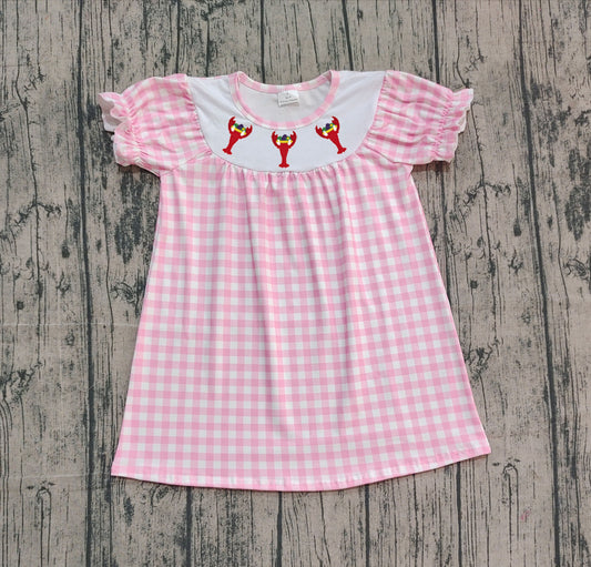 10.13 GSD2853 Sample No Moq Embroidery Crayfishes Baby Girls Pink Checked Knee Length Dresses