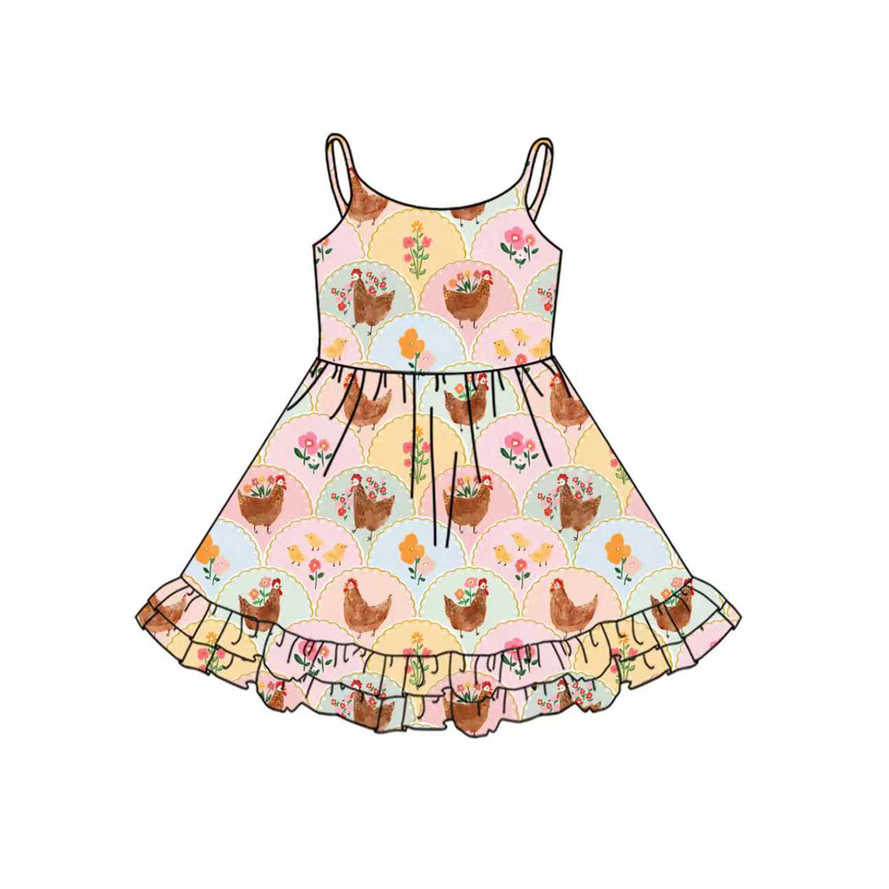 10.2 GSD2855 Pre order No Moq Baby Girls Strap Flowers Chicks Checked Ruffle Knee Length Dresses