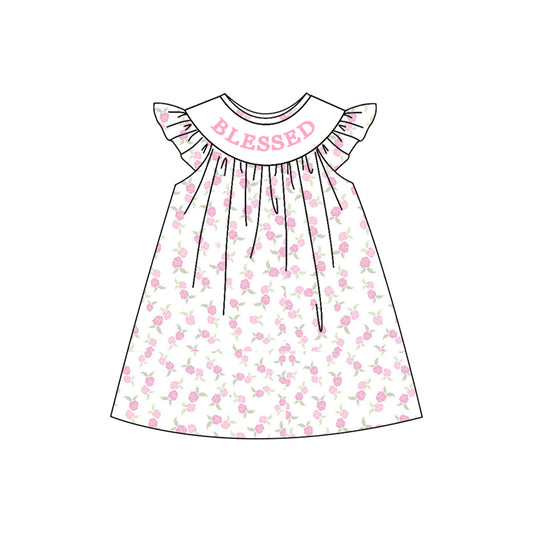 10.2 GSD2856 Pre order No Moq Baby Girls Pink Blessed Flowers Plaid Knee Length Dresses