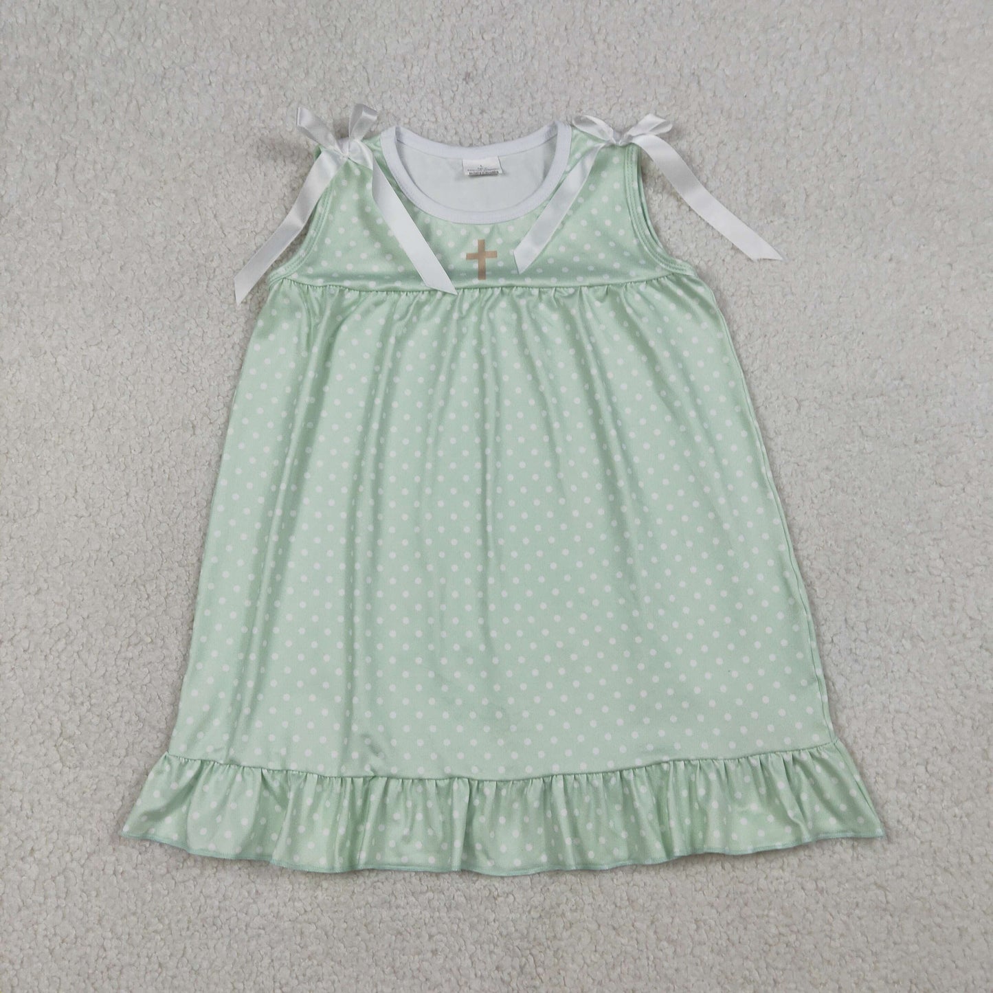 3.21 RTS NO MOQ （In stock）GSD2860 Kids Fashion Clothes Baby Girls Sleeveless Green Polka Dots Cross Easter Ruffle Knee Length Dresses