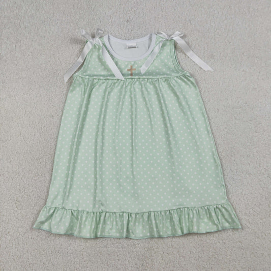 3.21 RTS NO MOQ （In stock）GSD2860 Kids Fashion Clothes Baby Girls Sleeveless Green Polka Dots Cross Easter Ruffle Knee Length Dresses