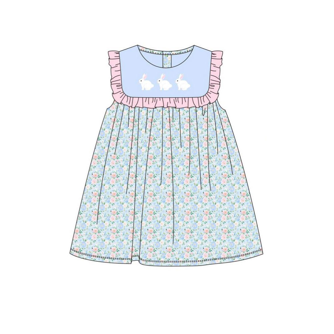 10.3 GSD2861 Pre order No Moq Baby Girls Blue Sleeveless Rabbits Top Floral Easter Knee Length Dresses