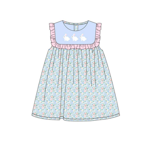 10.3 GSD2861 Pre order No Moq Baby Girls Blue Sleeveless Rabbits Top Floral Easter Knee Length Dresses