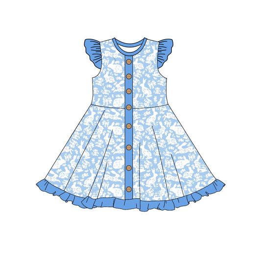 10.3 GSD2862 Pre order No Moq Baby Girls Blue Rabbits Flowers Easter Button Ruffle Knee Length Dresses