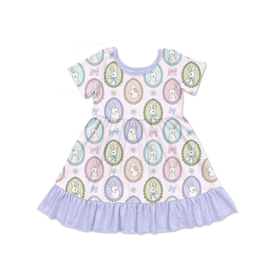 10.3 GSD2863 Pre order No Moq Baby Girls Colorful Bows Rabbits Easter Ruffle Knee Length Dresses