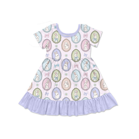 10.3 GSD2863 Pre order No Moq Baby Girls Colorful Bows Rabbits Easter Ruffle Knee Length Dresses