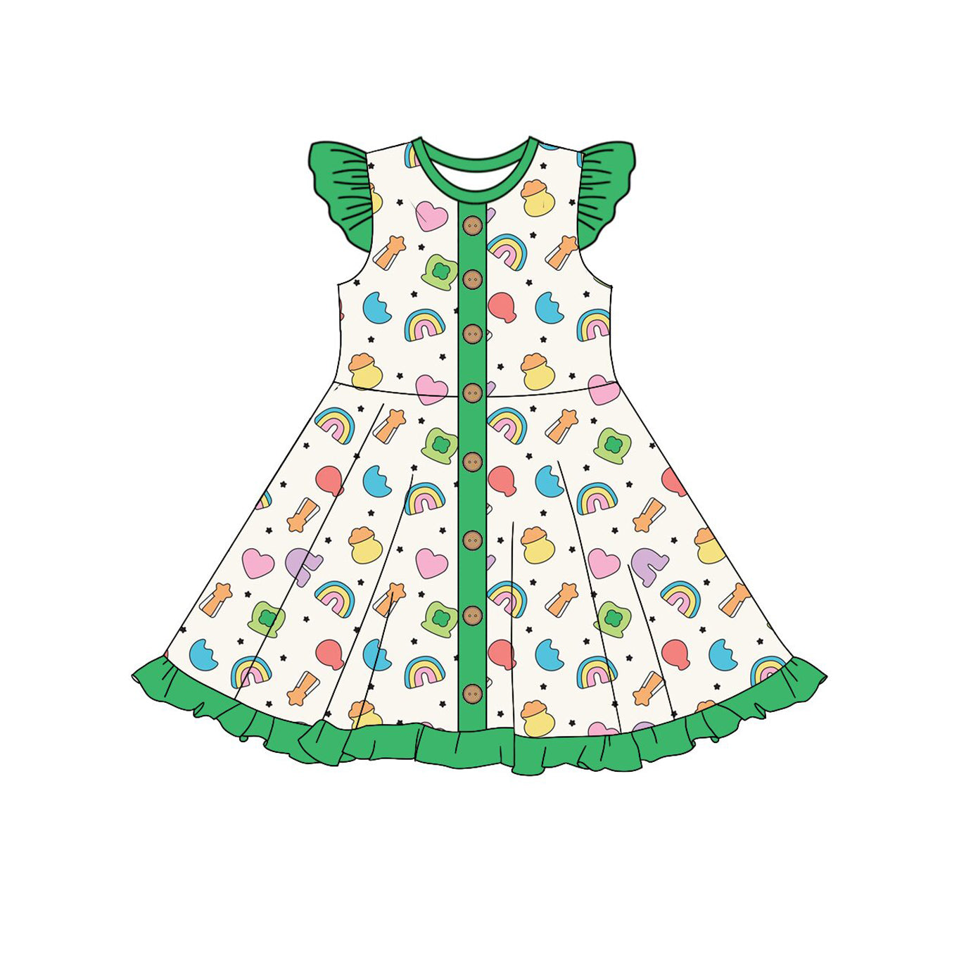 10.3 GSD2864 Pre order No Moq Baby Girls Clovers Rainbows St Patrick Button Ruffle Knee Length Dresses