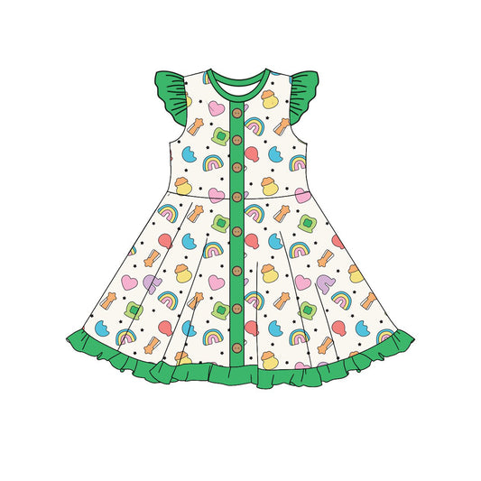 10.3 GSD2864 Pre order No Moq Baby Girls Clovers Rainbows St Patrick Button Ruffle Knee Length Dresses