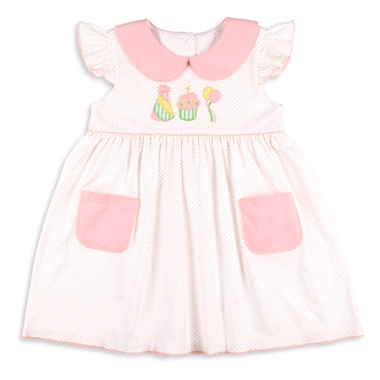 10.3 GSD2865 Pre order No Moq Baby Girls Pink Polka Dots Happy Birthday Pockets Knee Length Dresses
