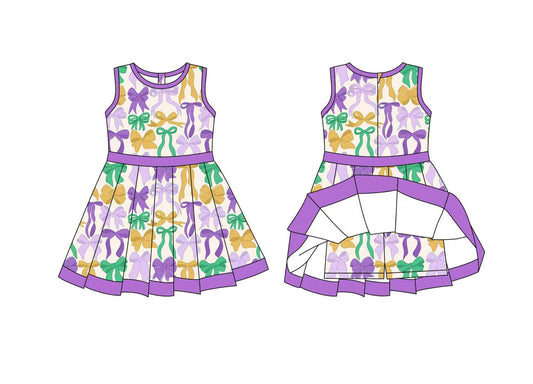 10.4 GSD2866 Pre order No Moq Yoga fabric Baby Girls Mardigras Colorful Bows Back Zip Shorts Yoga Knee Length Dresses